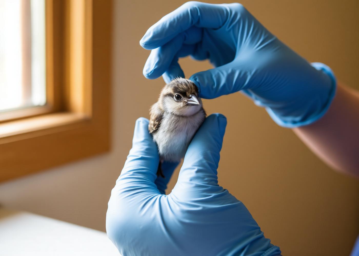 Wildlife rehabilitator gently examining a small songbird
