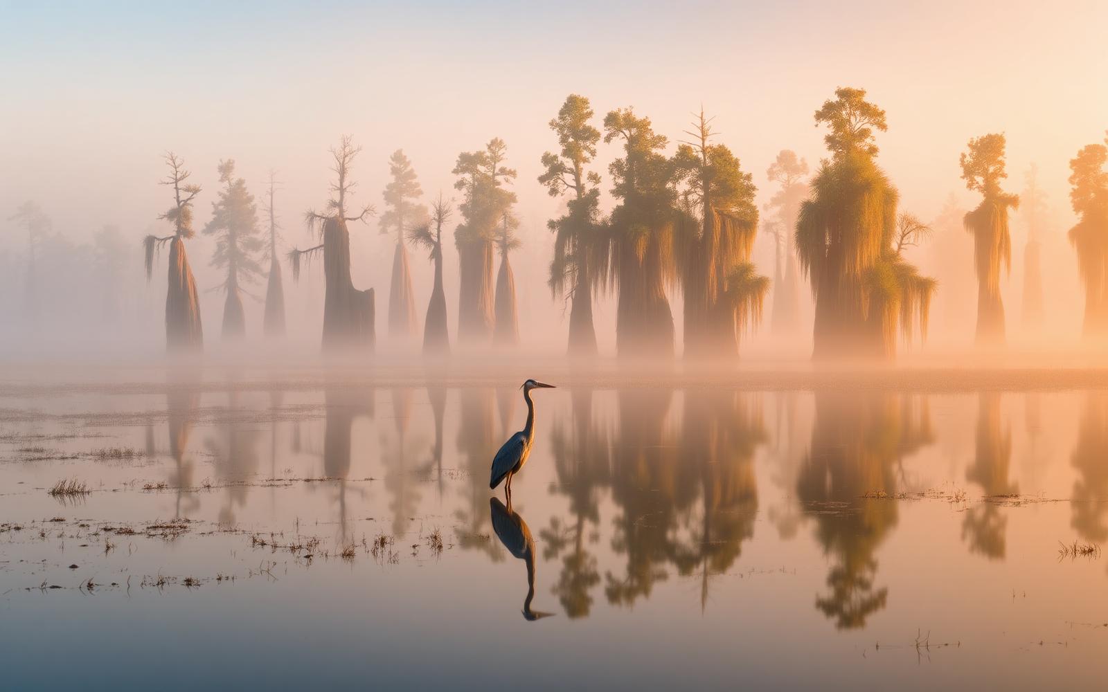 Great blue heron in a misty Georgia wetland at sunrise